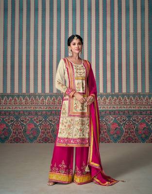 Pink embroidered silk stitched Palazzo suit 1