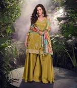 Mustard Embroidered shimmer stitched Palazzo suit (free size)