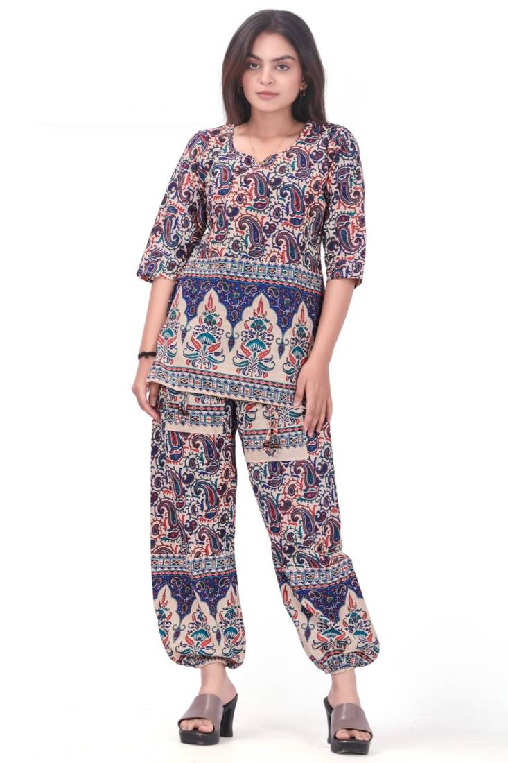 Navy Blue Color Cotton Harem Top Set