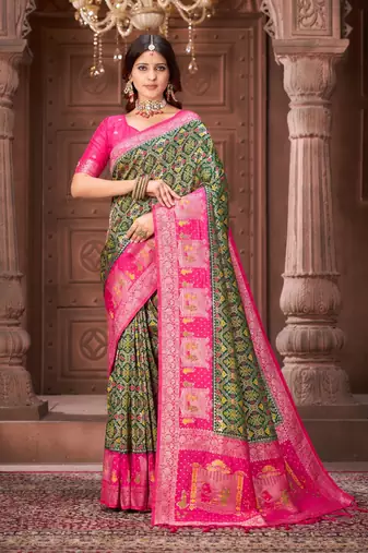 Green pashmina silk blend zari woven work heavy designer border saree for wedding wear