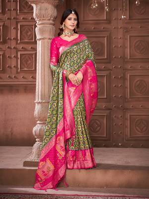 Green pashmina silk blend zari woven work heavy designer border saree for wedding wear 6