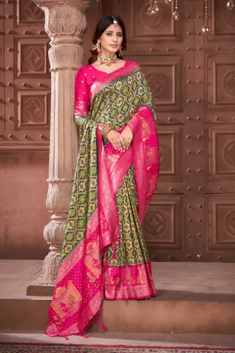 Green pashmina silk blend zari woven work heavy designer border saree for wedding wear
