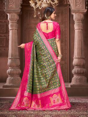 Green pashmina silk blend zari woven work heavy designer border saree for wedding wear 7