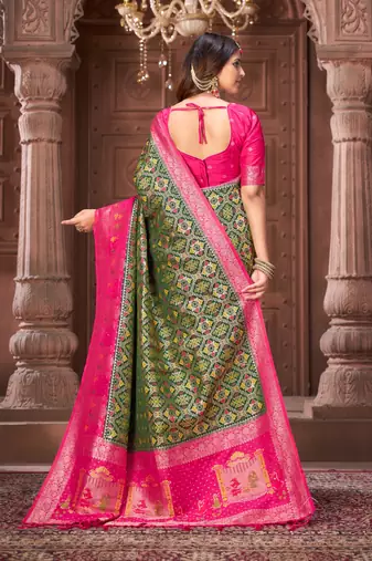 Green pashmina silk blend zari woven work heavy designer border saree for wedding wear