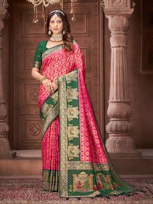 Pink pashmina silk blend zari woven work heavy designer border saree for wedding wear 1