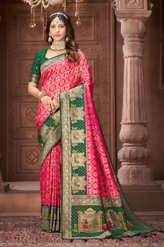 Pink pashmina silk blend zari woven work heavy designer border saree for wedding wear