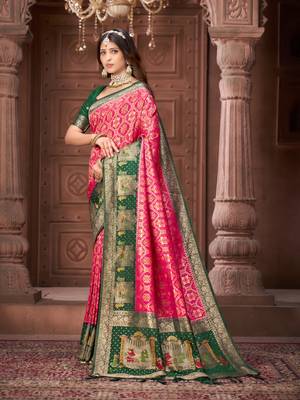 Pink pashmina silk blend zari woven work heavy designer border saree for wedding wear 4