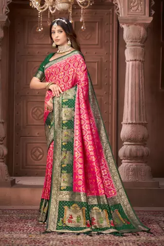 Pink pashmina silk blend zari woven work heavy designer border saree for wedding wear