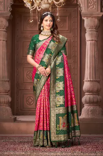 Pink pashmina silk blend zari woven work heavy designer border saree for wedding wear