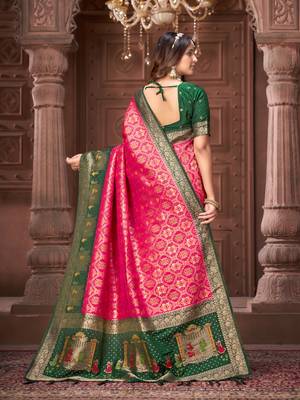 Pink pashmina silk blend zari woven work heavy designer border saree for wedding wear 6