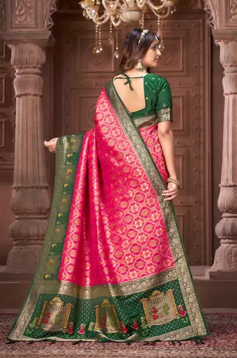 Pink pashmina silk blend zari woven work heavy designer border saree for wedding wear