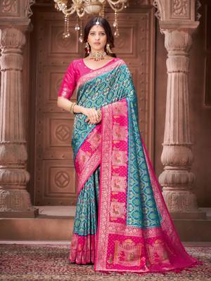 Blue pashmina silk blend zari woven work heavy designer border saree for wedding wear 1