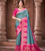 Blue pashmina silk blend zari woven work heavy designer border saree for wedding wear