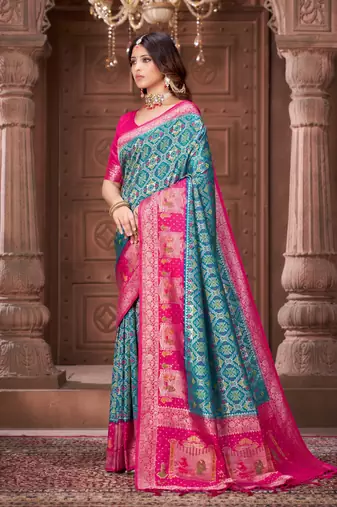 Blue pashmina silk blend zari woven work heavy designer border saree for wedding wear