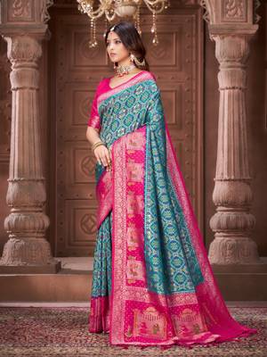 Blue pashmina silk blend zari woven work heavy designer border saree for wedding wear 4