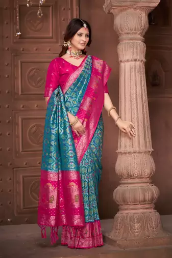 Blue pashmina silk blend zari woven work heavy designer border saree for wedding wear