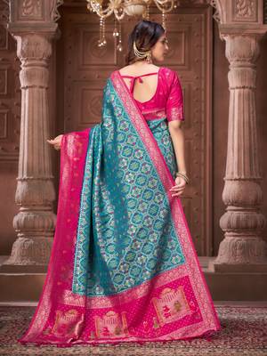 Blue pashmina silk blend zari woven work heavy designer border saree for wedding wear 7