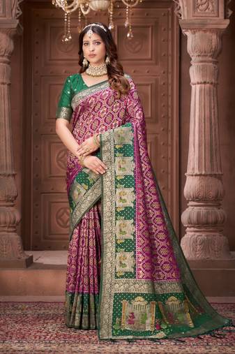 Purple pashmina silk blend  zari woven work heavy designer border saree for wedding wear