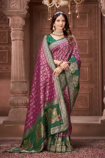Purple pashmina silk blend  zari woven work heavy designer border saree for wedding wear
