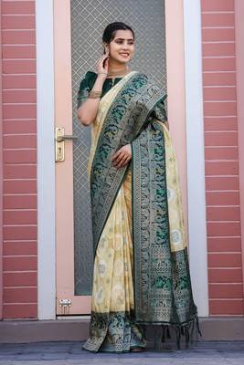 Yellow and greeen zari work pashmina silk heavy new saree with blouse for party wear 1
