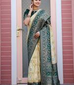 Yellow and greeen zari work pashmina silk heavy new saree with blouse for party wear