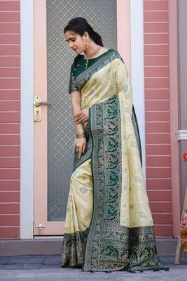 Yellow and greeen zari work pashmina silk heavy new saree with blouse for party wear 3