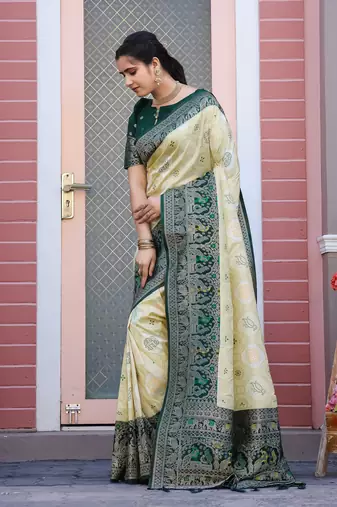 Yellow and greeen zari work pashmina silk heavy new saree with blouse for party wear