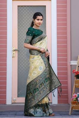 Yellow and greeen zari work pashmina silk heavy new saree with blouse for party wear 4