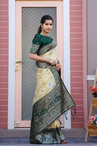 Yellow and greeen zari work pashmina silk heavy new saree with blouse for party wear