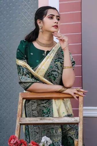 Yellow and greeen zari work pashmina silk heavy new saree with blouse for party wear