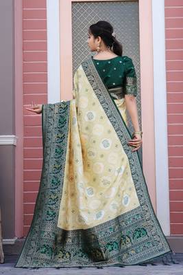 Yellow and greeen zari work pashmina silk heavy new saree with blouse for party wear 6