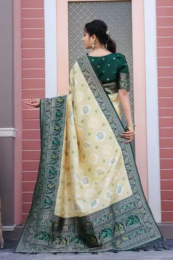 Yellow and greeen zari work pashmina silk heavy new saree with blouse for party wear