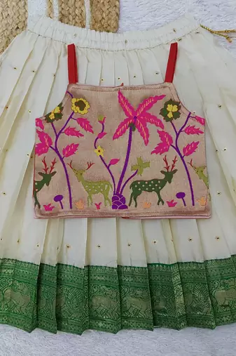  Baby Girls Readymade South Indian Pattu Pavadai GreenLehenga Choli Set For Kids