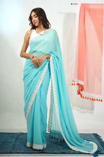  blue mul cotton saree with crochet border