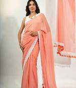 peach mul cotton saree with crochet border