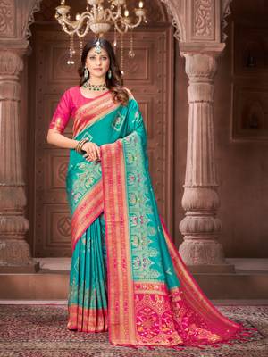 Blue zari woven pashmina silk blend designer pink border heavy saree with fancy blouse 1