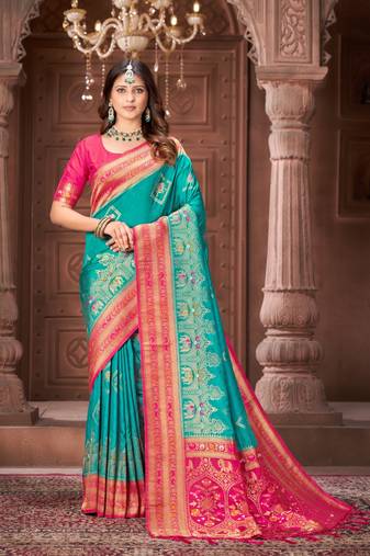 Blue zari woven pashmina silk blend designer pink border heavy saree with fancy blouse