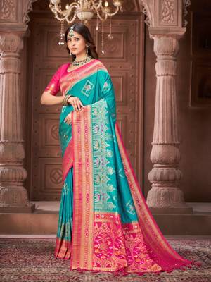 Blue zari woven pashmina silk blend designer pink border heavy saree with fancy blouse 3