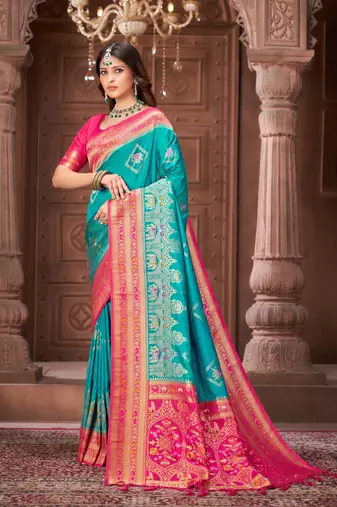 Blue zari woven pashmina silk blend designer pink border heavy saree with fancy blouse