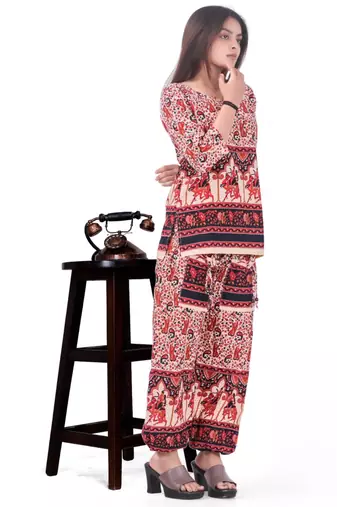 Red Color Cotton Printed Harem Pants Set