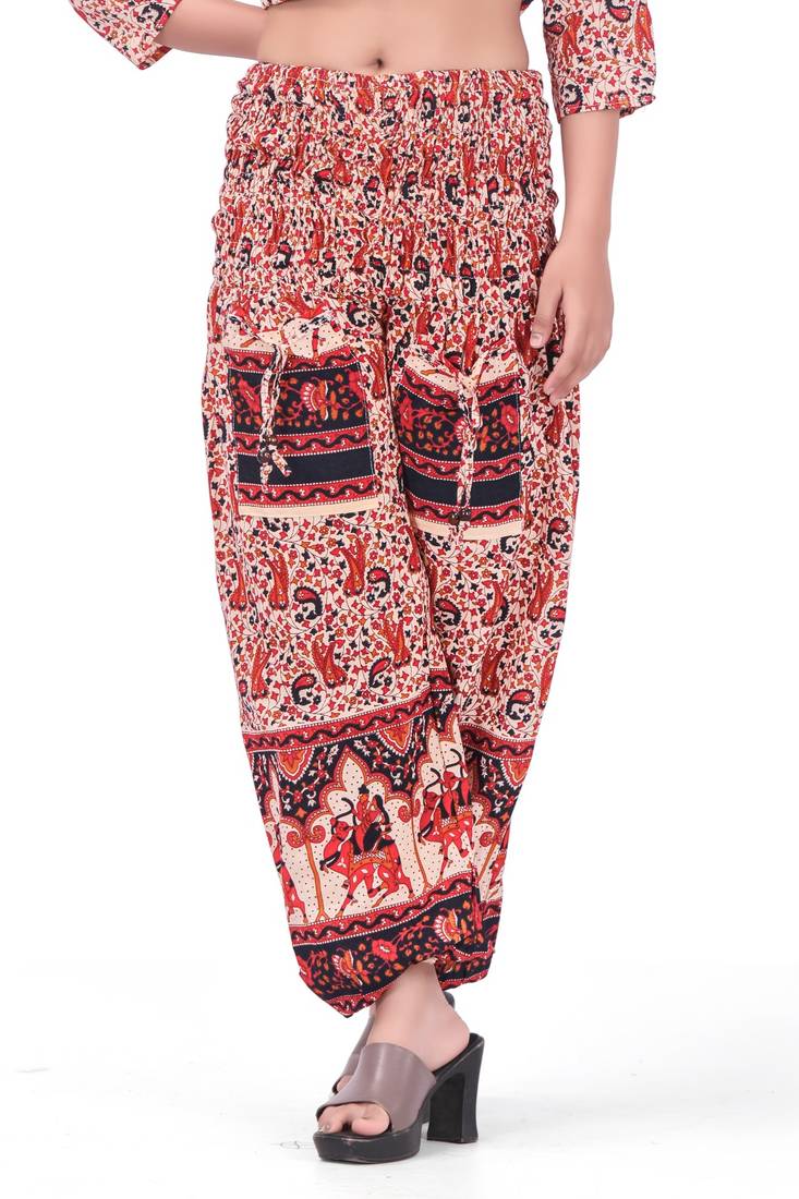 Red Color Cotton Printed Harem Pants Set
