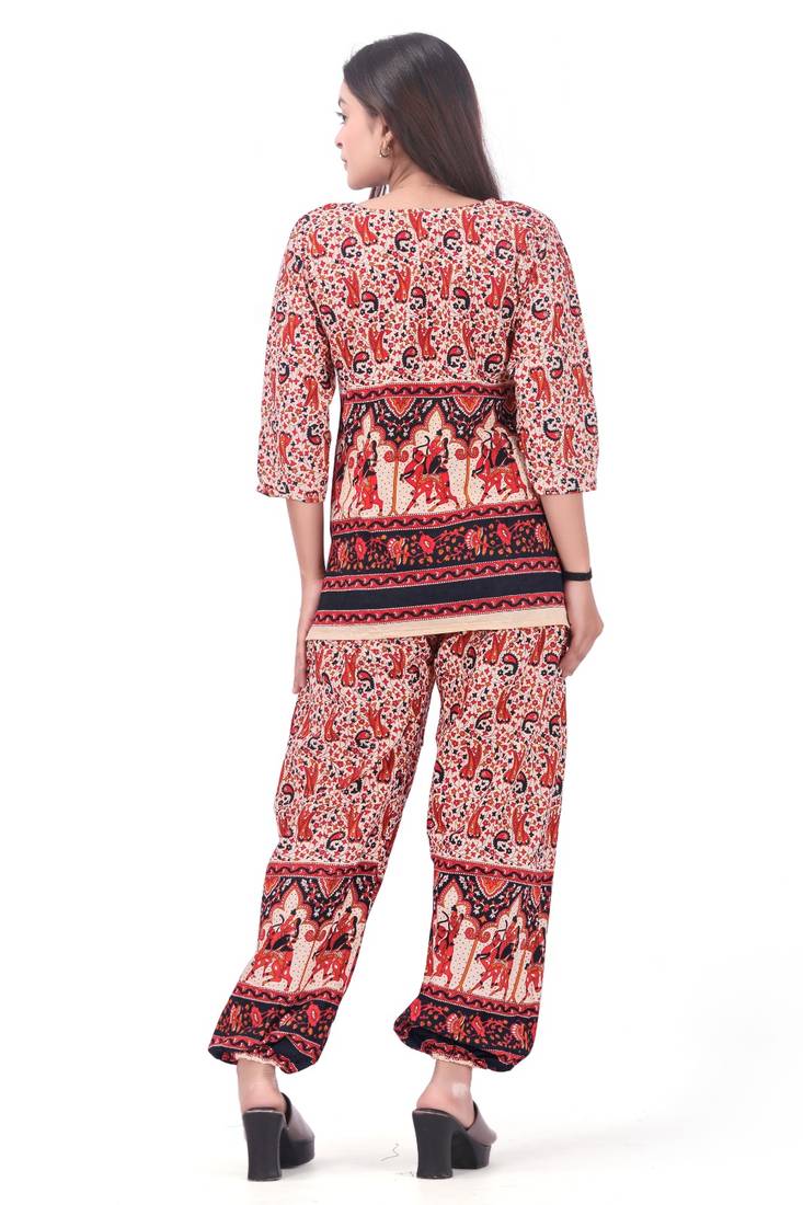 Red Color Cotton Printed Harem Pants Set