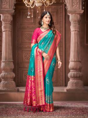 Blue zari woven pashmina silk blend designer pink border heavy saree with fancy blouse 4