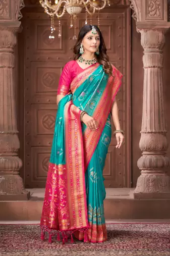 Blue zari woven pashmina silk blend designer pink border heavy saree with fancy blouse
