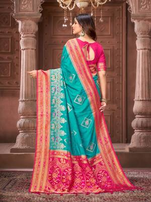 Blue zari woven pashmina silk blend designer pink border heavy saree with fancy blouse 5