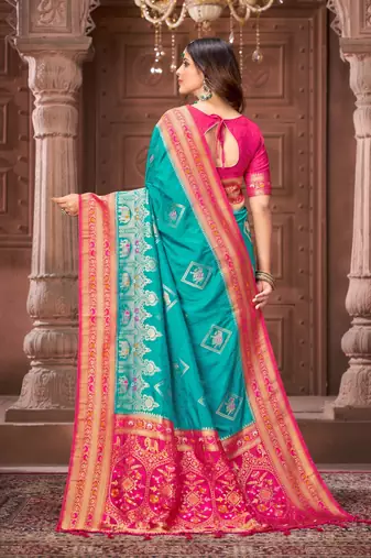 Blue zari woven pashmina silk blend designer pink border heavy saree with fancy blouse