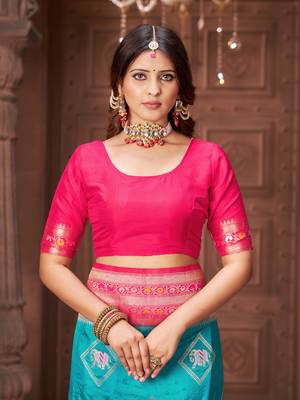 Blue zari woven pashmina silk blend designer pink border heavy saree with fancy blouse 6