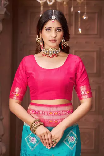 Blue zari woven pashmina silk blend designer pink border heavy saree with fancy blouse