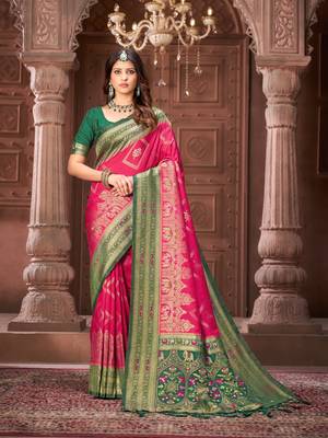 Pink zari woven pashmina silk blend designer green border heavy saree with fancy blouse 1
