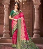 Pink zari woven pashmina silk blend designer green border heavy saree with fancy blouse